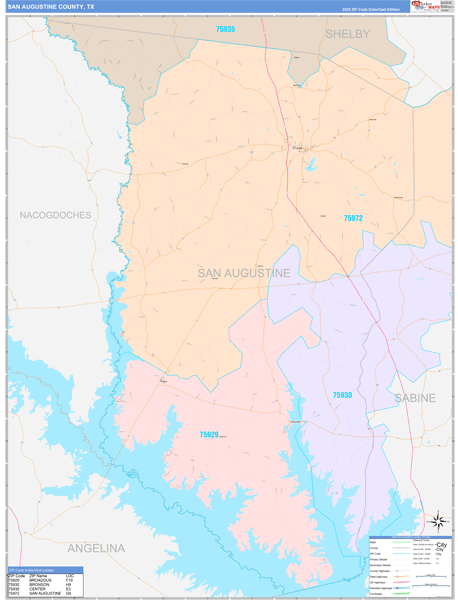 San Augustine County, TX Wall Map Color Cast Style